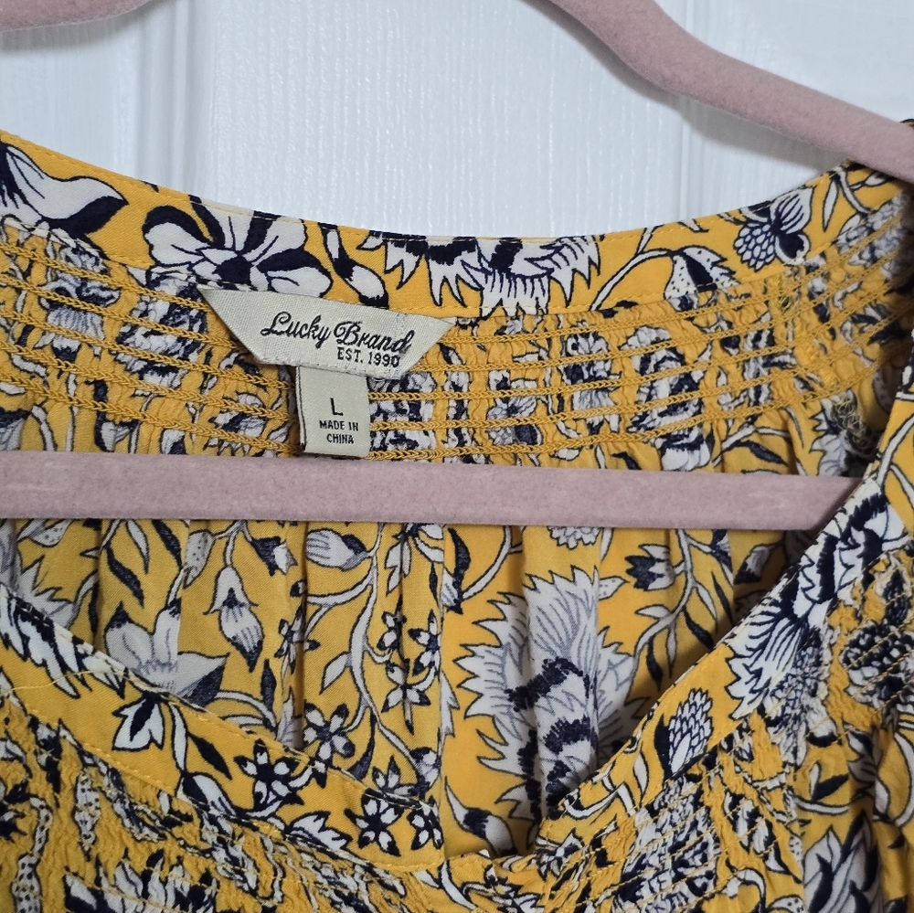 Lucky Brand Floral Peasant Blouse Yellow Smocked Neck Boho Top Large - Picture 2 of 4